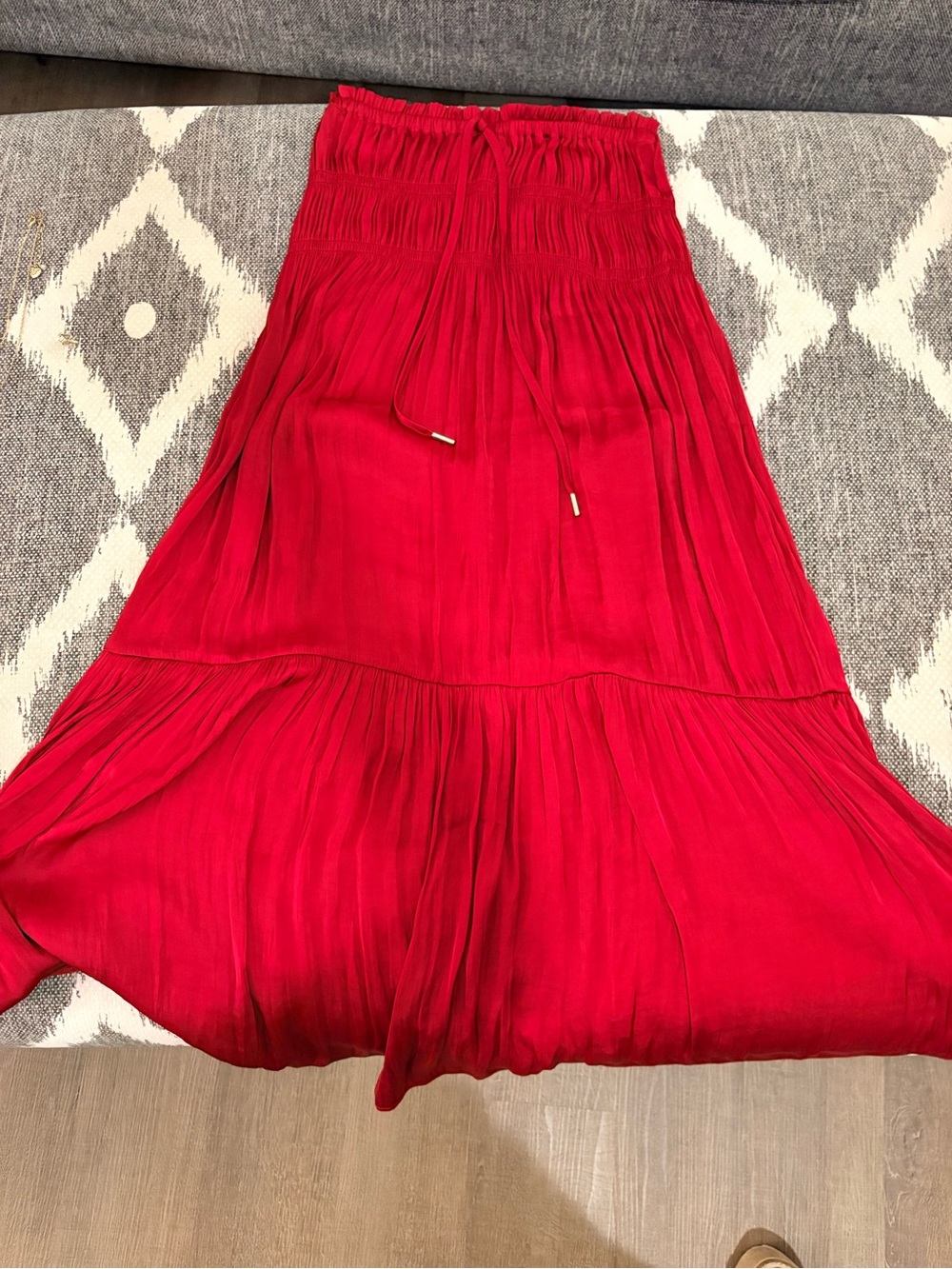 Smocked Waist Red Maxi Skirt with Drawstring